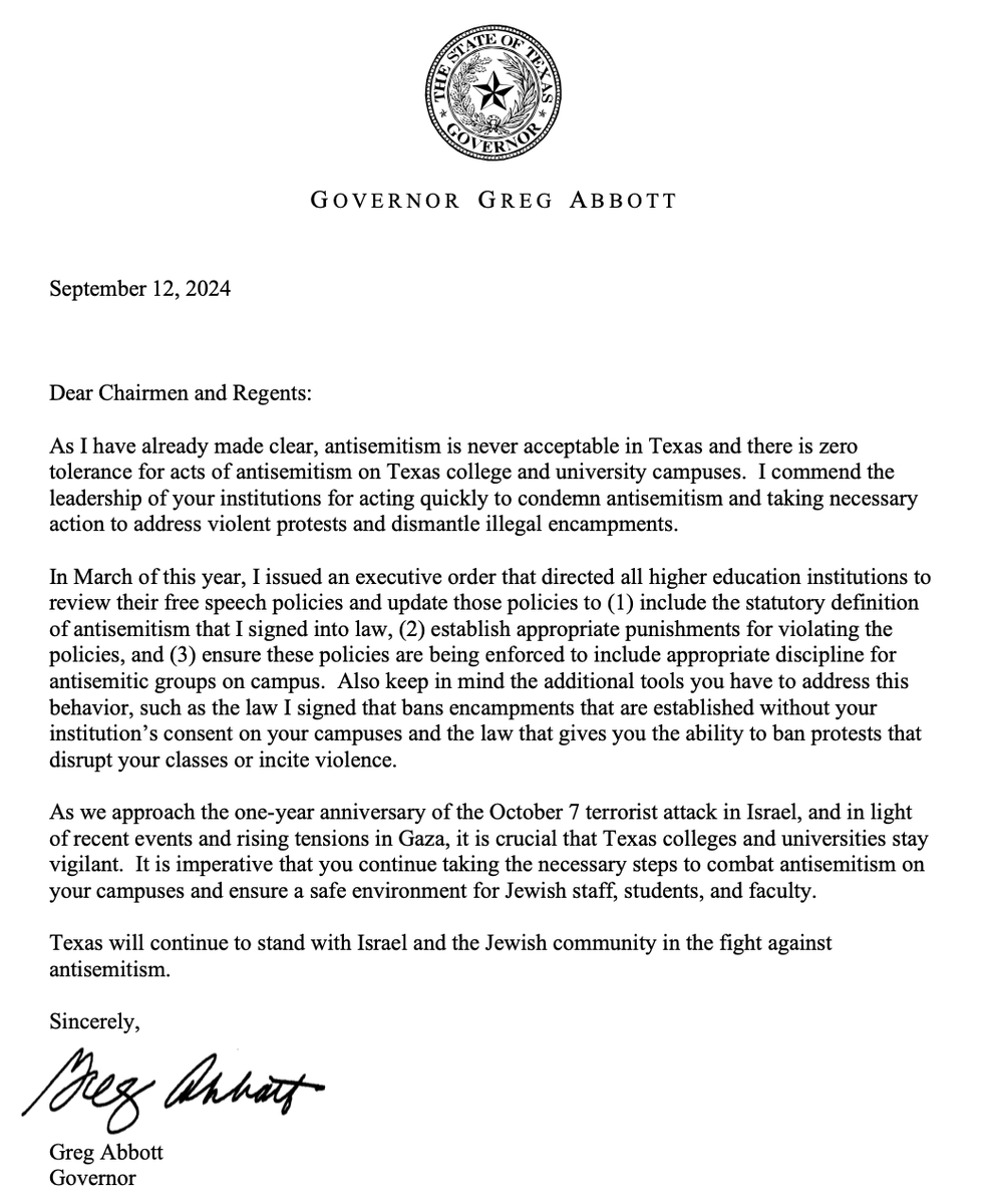 GregAbbott_TX's tweet photo. There is zero tolerance for antisemitism in Texas.

Sent a letter today to Texas colleges and universities to remain vigilant in combating antisemitism on their campuses.

Texas will always stand with Israel.

Read my letter: https://t.co/0q4C9sw1zD https://t.co/pRznS3v2hj