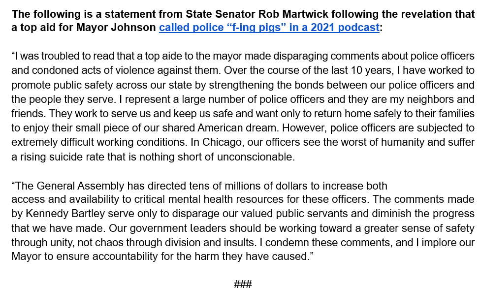 Democratic Sen. <a href="/robertmartwick/">Robert Martwick</a> adds his thoughts to comments made by Johnson aide Kennedy Bartley #twill