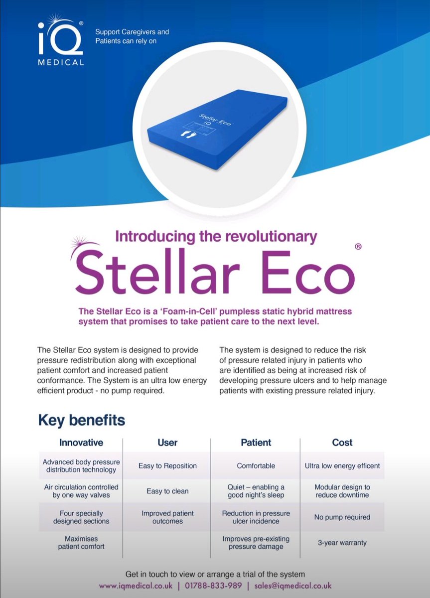 Introducing the revolutionary Stellar Eco from <a href="/iQ_Medical_/">iQ Medical</a> Winner of our 2024 NAEP Conference Innnovative Product Award!

This new system is designed to provide pressure distribution along with exceptional patient comfort and increased patient conformance.

sales@iqmedical.co.uk