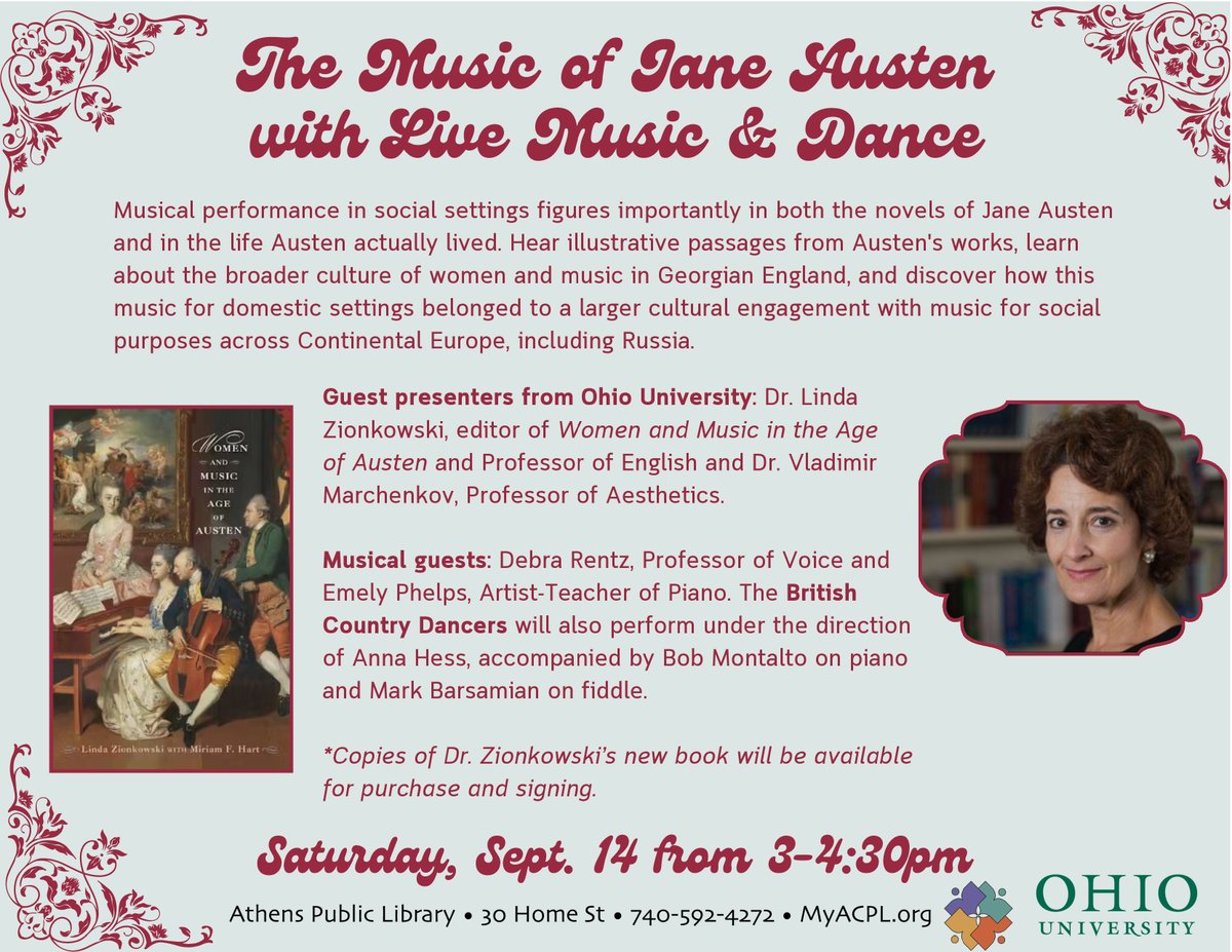 The Music of Jane Austen with Live Musical &amp; Dance Performances @ Athens Public Library .<a href="/MyACPL/">MyACPL.org</a> -- Saturday, 9/14, 3-4:30 PM