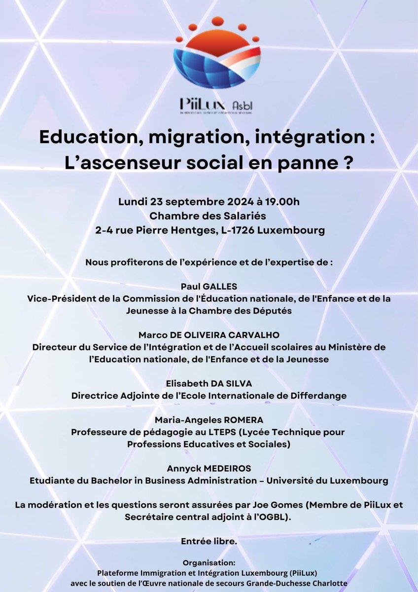 La plateforme PiiLux-Asbl organise la table ronde 'Education, migration, inégration: L'ascenseur social en panne ?'  le 23 septembre, Chambre des Salariés, Luxembourg Ville.