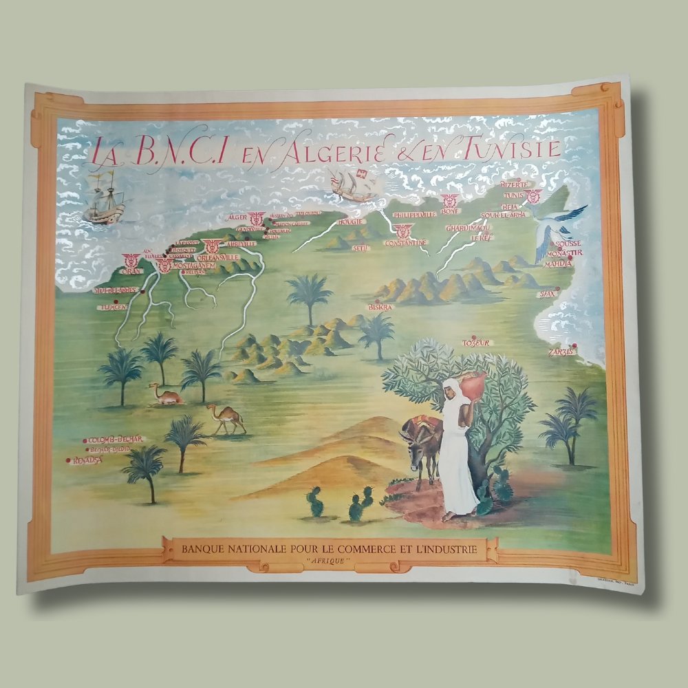 mapmapnmap's tweet image. Discover this illustrated map of Algeria and Tunisia, published in 1940 by the Banque Nationale pour le Commerce et l'Industrie. Dimensions: 53.7 * 43.9 cm.
r