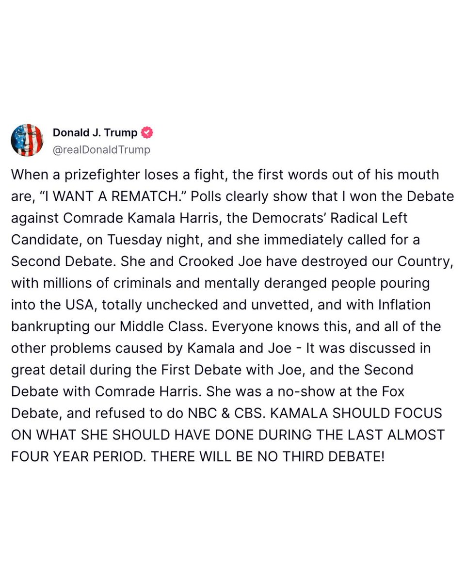 Complex's tweet photo. Donald Trump took to Truth Social to announce that he will not participate in another debate. https://t.co/EwGaBrILe6