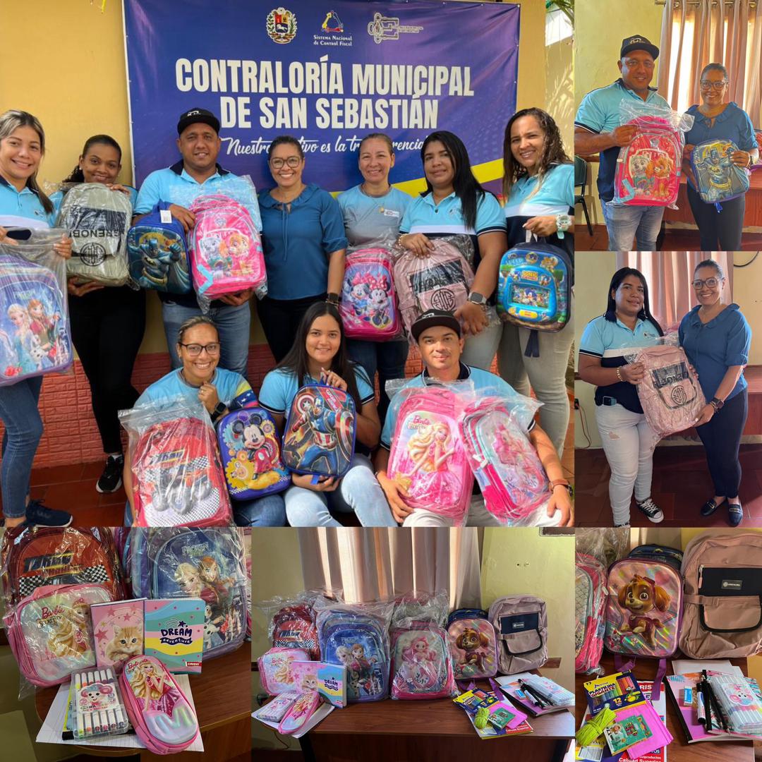 La Contralora Interventor del Mcpio San Sebastián  *Lcda. Luirena Acosta M.* como parte de las políticas sociales impulsadas por la CGR dirigida por el *Dr. Jhosnell Peraza*, hizo entrega de *Bolsos y Kit de útiles escolares* para los hijos de los funcionarios de este Ente CMSS.