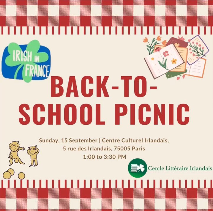 Irish in France 🇮🇪🇫🇷🇪🇺 (@irish_in_france) on Twitter photo Back-To-School picnic <a href="/cc_irlandais/">Centre Culturel Irlandais</a> with Irish in France in conjunction with <a href="/CIrlandais/">Cercle littéraire irlandais</a>👇☘️🇮🇪 Back-To-School picnic <a href="/cc_irlandais/">Centre Culturel Irlandais</a> with Irish in France in conjunction with <a href="/CIrlandais/">Cercle littéraire irlandais</a>👇☘️🇮🇪