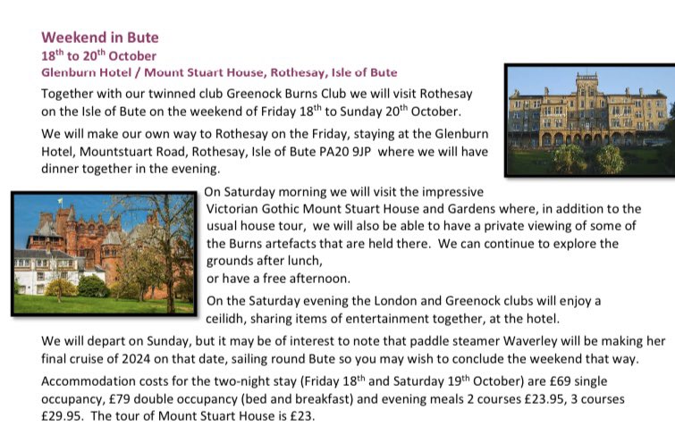 Our 18-20 October BUTE weekend bookings are now being taken as attached. 
Contact president James Fairbairn
president@bcol.org.uk to book (own travel to/from Rothesay). 

Book separately on PS Waverley on the Sunday, booking details can be found at: waverleyexcursions.co.uk/booking/bookin…