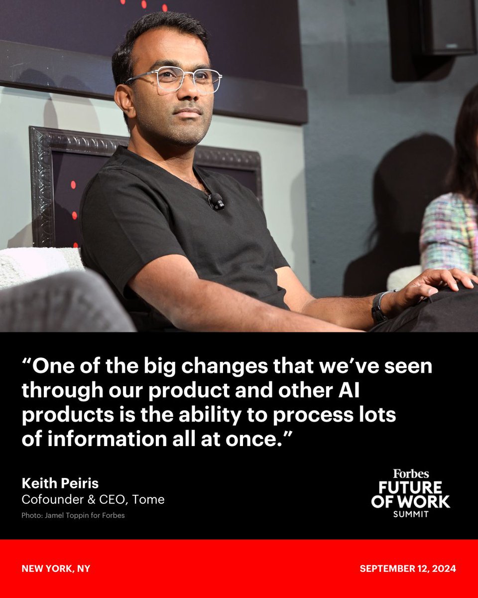 Forbes's tweet image. .@keithpeiris, cofounder and CEO at @magicaltome, spoke about how companies are adopting AI at the #ForbesFutureOfWork Summit. trib.al/qJGp2ry