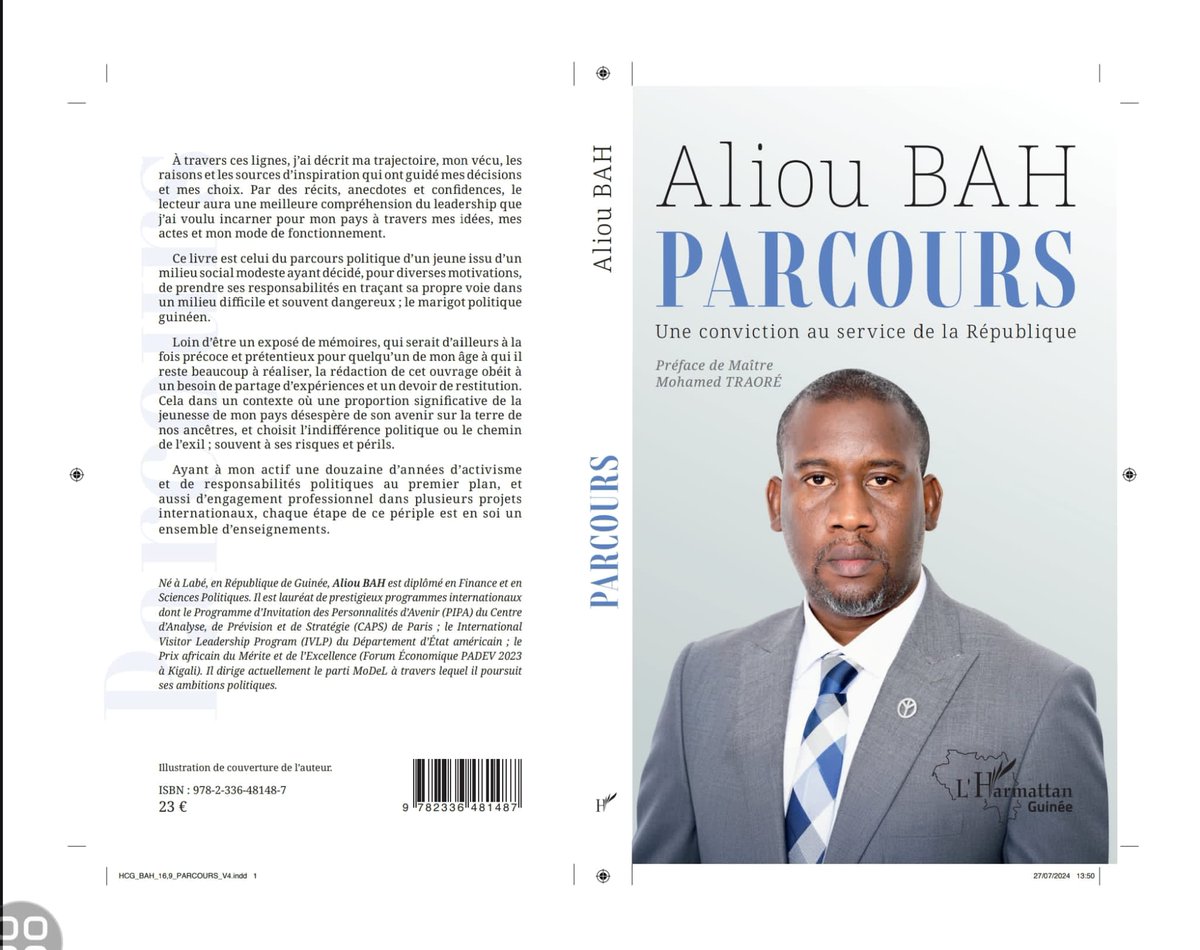 AlioubahMoDeL's tweet photo. Chers lecteurs,

Je vous présente mon nouveau livre "PARCOURS : une conviction au service de la République". Il a été publié aux éditions Harmattan-Guinée et préfacé par Maître Mohamed Traoré. 

"À travers ces lignes, j’ai décrit ma trajectoire, mon vécu, les raisons et les sources d’inspiration qui ont guidé mes décisions et mes choix. Par des récits, anecdotes et confidences, le lecteur aura une meilleure compréhension du leadership que j’ai voulu incarné pour mon pays à travers mes idées, mes actes et mon mode de fonctionnement.

S’investir en politique dans un contexte beaucoup plus marqué par la désillusion des électeurs suite aux différentes trahisons des décideurs, reste en soi un défi et une énorme pression. Il m’arrive régulièrement de rencontrer des personnes qui me disent clairement ne plus rien attendre des politiques. Le plus souvent, chacun d’eux a une histoire particulière de déception à me raconter. En retour, j’essaye de comprendre leur état d’âme tout en leur rassurant que leur désintérêt est loin d’être la solution au problème; en dépit de tout ce qu’ils ont enduré comme préjudice psychologique et parfois matériel.

Certes, je sens qu’ils ont du respect pour mes actions et mes idées, mais il n’en demeure pas moins qu’ils ont des réticences à croire que le meilleur leur soit encore possible dans leur pays.

Comment remonter la pente pour ramener la confiance et l’espoir ? Cela reste un défi majeur. Notre pays a toujours eu cette crise de la morale à tel point que l’action politique, causant beaucoup de blessures sociales, est devenue systématiquement un “business” rentable pour les plus cyniques des citoyens de la société. 

Je me suis toujours dit, malgré la conception perverse de la politique qui d’ailleurs a été savamment entretenue pour décourager les bonnes personnes à s’y mêler, mon engagement ne devrait pas m’amener à perdre mon authenticité; c’est-à-dire les valeurs acquises de par mon éducation sociale et spirituelle.

En effet, ce livre est celui du parcours politique d’un jeune issu d’un milieu social modeste ayant décidé, pour diverses motivations, de prendre ses responsabilités en traçant sa propre voie dans un milieu difficile et souvent dangereux; le marigot politique guinéen. 

Loin d’être un exposé de mémoires, qui serait d’ailleurs à la fois précoce et prétentieux pour quelqu’un de mon âge à qui il reste beaucoup à réaliser, la rédaction de cet ouvrage obéit à un besoin de partage d’expériences et un devoir de restitution. Cela dans un contexte où une proportion significative de la jeunesse de mon pays désespère de son avenir sur la terre de nos ancêtres, et choisit l’indifférence politique ou le chemin de l’exil; souvent à ses risques et périls.

Ayant à mon actif une douzaine d’années d’activisme et de responsabilités politiques au premier plan, et aussi d’engagement professionnel dans plusieurs projets internationaux, chaque étape de ce périple est en soi un ensemble d’enseignements."