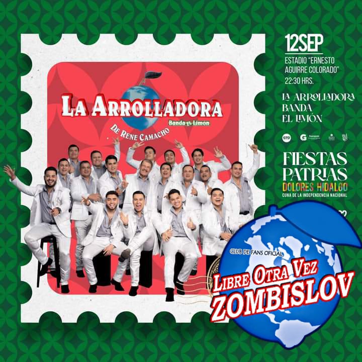 RlYulissa's tweet photo. 🔊 HOY JUEVES  1⃣ 2⃣ DE SEPTIEMBRE 
 La  A R R O L L A D O R A
Banda El Limón de Don René Camacho 🕺🏻💚🍋 se presenta en:

 ▪️DOLORES HIDALGO, GUANAJUATO. 🇲🇽📍🌏  

Presentando el Tour:
♦️"AQUÍ HAY PARA LLEVAR " 🕺🏻 🎶 
#Arrolladora 🤤🕺🏻❤️ 
#ZombisLOV 🍋 💚 
#SomosArrollaFans ✋🏻🍋 https://t.co/IiTrVutnAg