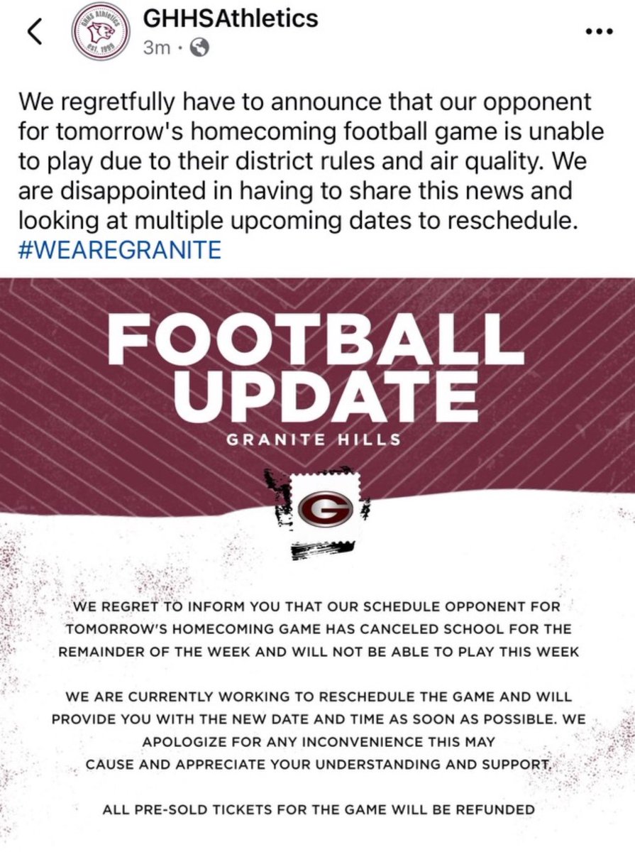 Apple Valley is still looking for a game. Contact Head Coach <a href="/CoachRMeras/">R.Meras</a>. 

Granite Hills, a team in Apple's district and who shares a stadium, didn't want to play . . . 
It's a shame: would've been the ONLY game in the High Desert tomorrow night.