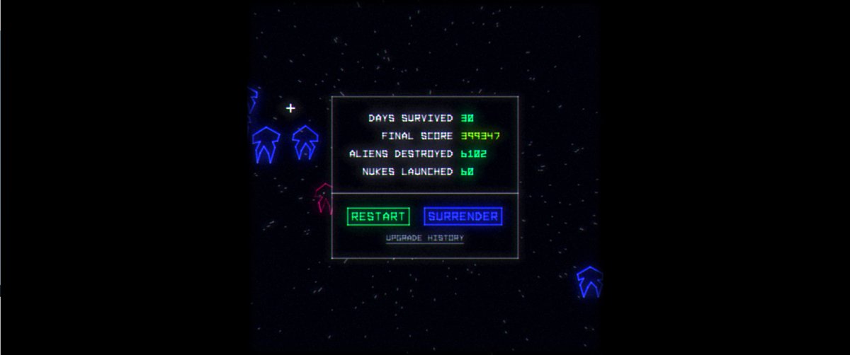 RyogaWanderer's tweet photo. I  am super obsessed with this dumb little game. It's called Utopia Must  Fall, and it's like part space invaders, part missile command, part  roguelike? All I know is this is the best I have done so far and I need  to let everyone know about this game. https://t.co/g32BFAFIJm