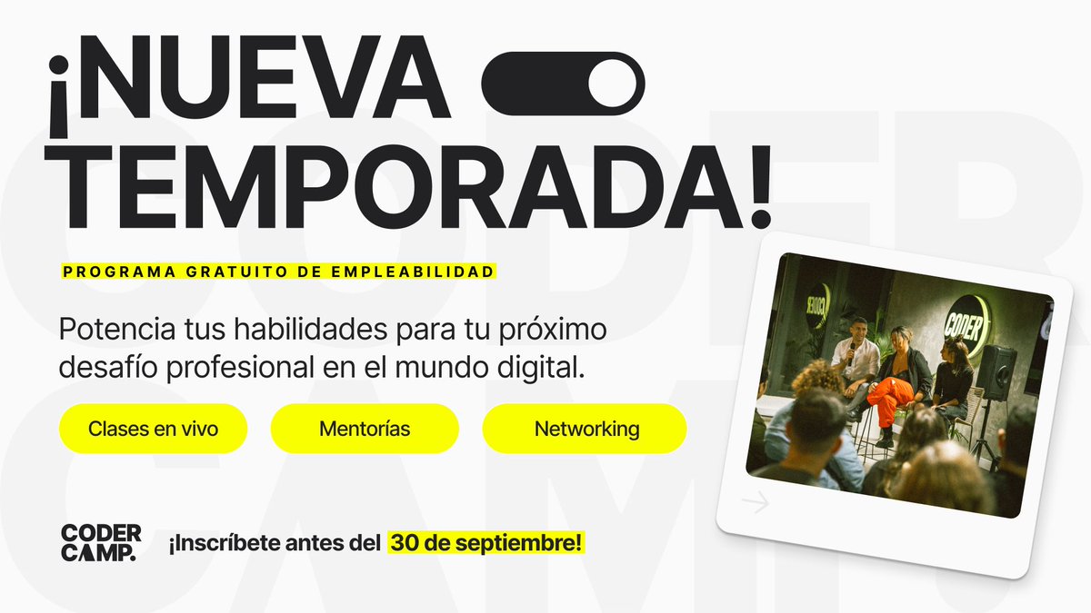 MateoRaff7's tweet image. Aprovecho este espacio para decirte que le des una oportunidad a esta temporada del #CoderCamp, y también a vos mismo!🙌
En la temporada 1 nos brindaron experiencias, capacitaciones con respecto de la empleabilidad, útiles para entrevistas y el día a día.
¡No te lo pierdas!⏳