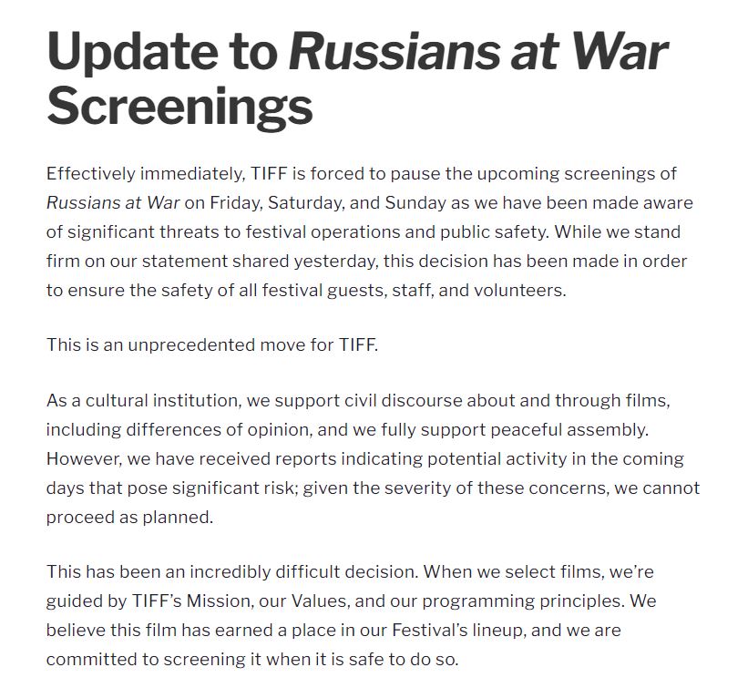 HertzBarry's tweet photo. BREAKING: In "unprecedented move," @TIFF_NET is "forced to pause" upcoming screenings of RUSSIANS AT WAR "as we have been made aware of significant threats to festival operations and public safety." Premiere was set for tomorrow. TIFF stands by decision to program film. #TIFF24 https://t.co/zcsfUWltj6