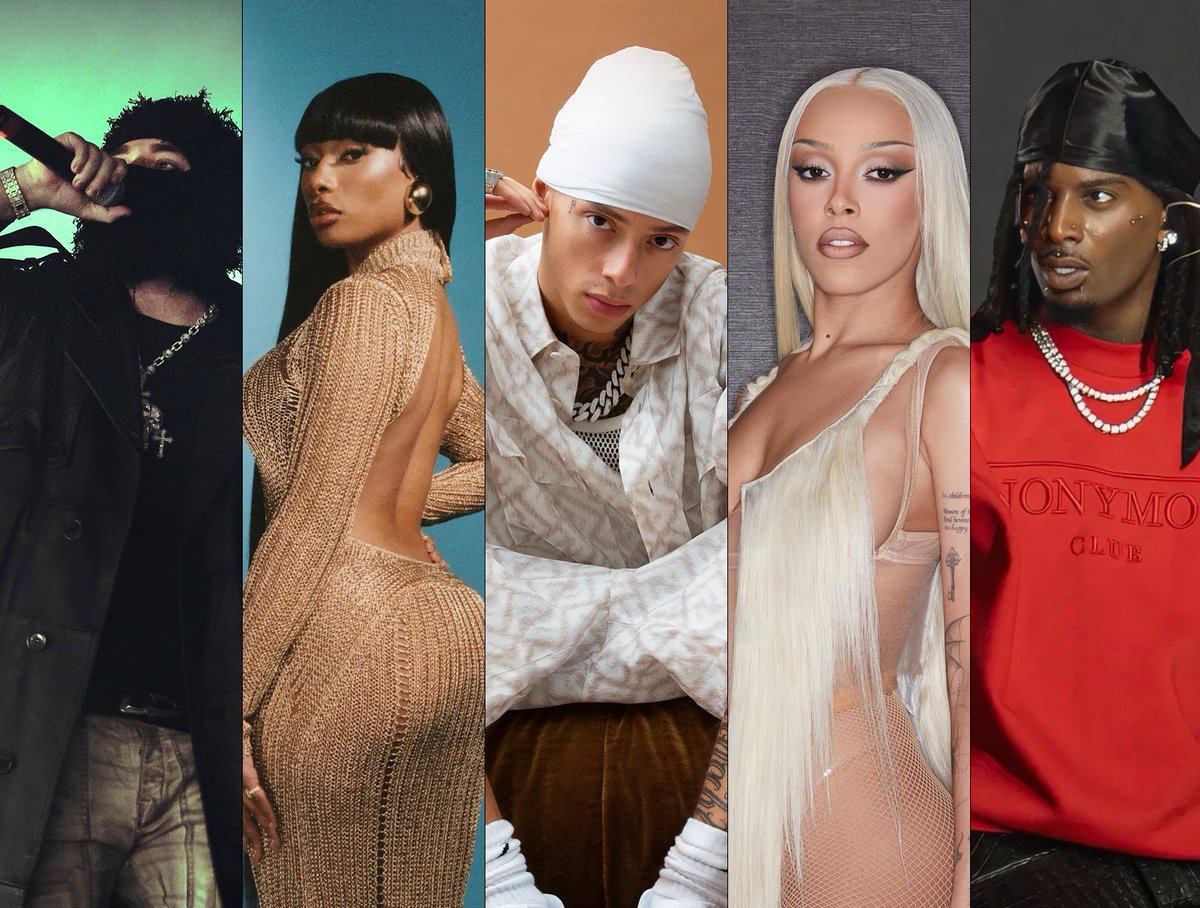 Kurrco's tweet photo. Complex names their Top 5 Rappers in their 20s 🏆

#5 Yeat
#4 Megan Thee Stallion
#3 Central Cee
#2 Doja Cat
#1 Playboi Carti

Thoughts on the ranking? 👀