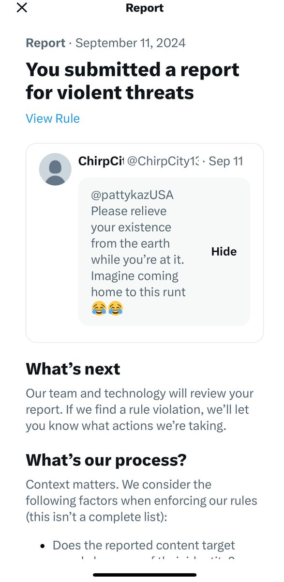 pattykazUSA's tweet image. How long does it take for this new reporting thing to work? I’m trying to figure out whether they’ve ignored me or not, yet. 

He basically told me to kill myself. 🤷🏻‍♀️ Did he phrase it in a way that is acceptable? #Reported