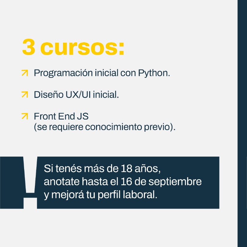 gcba's tweet photo. Si tenés más de 18 años y te interesa la tecnología, podés impulsar tu perfil profesional anotándote en estos cursos de programación con Python, diseño UX/UI y Front End JS. Cada módulo es 100 % online y se completa en 4 meses.