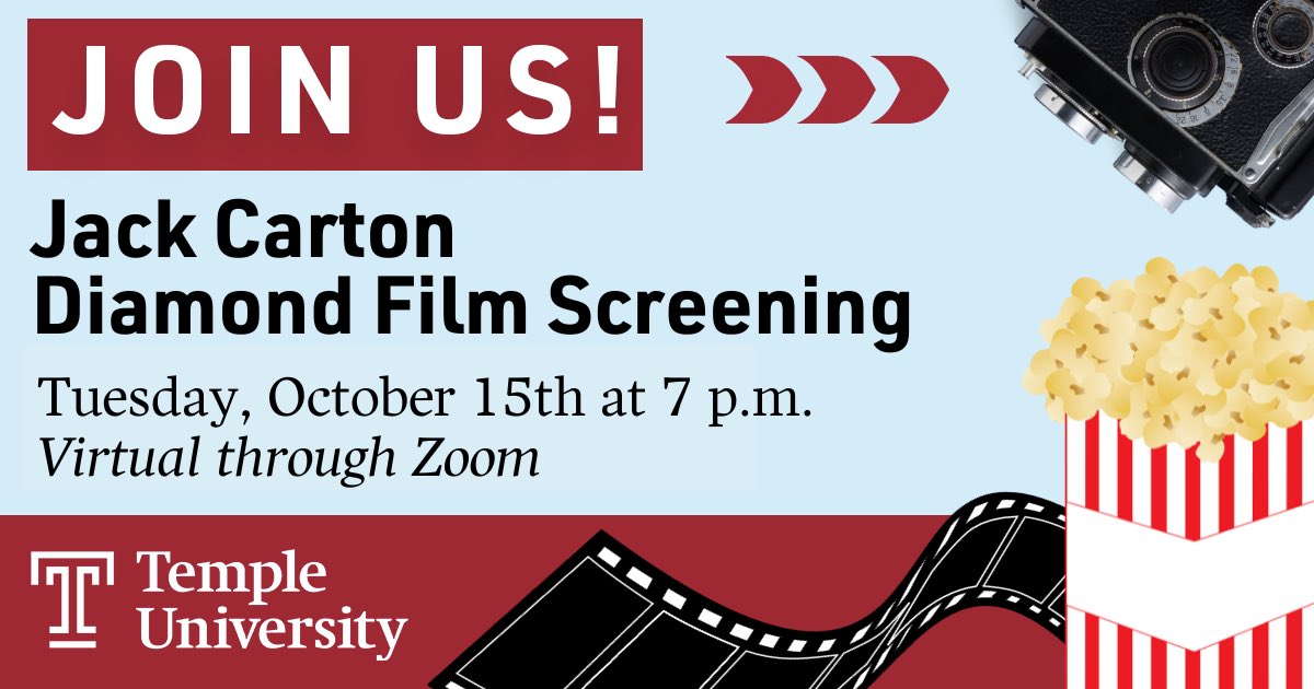 PhillyOwls's tweet photo. As part of Homecoming Week, join us on Tuesday, October 15 for the VIRTUAL Jack Carton Diamond Film Screening! Pop your popcorn and settle in to watch some award-winning short student films that were featured at the Diamond Film &amp; Media Arts Festival. https://t.co/u1QjYr37vk https://t.co/i4YNuYRdCm