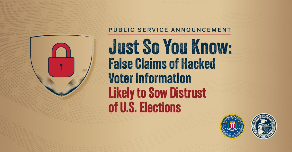New PSA in partnership with <a href="/FBI/">FBI</a>: Cybercriminals and foreign adversaries obtaining voter registration data won't affected your ability to vote or the security and accuracy of election results. Stay informed! go.dhs.gov/U45 #Protect2024 #ElectionSecurity