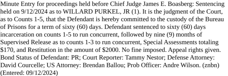 sfoguj's tweet photo. SENTENCING:  Judge Boasberg sentences Willard Purkel Jr. to 60 days incarceration, followed by 9 months SR. Govt ask was 8 months/3 years/200 hrs. https://t.co/PcRTKbtqxV