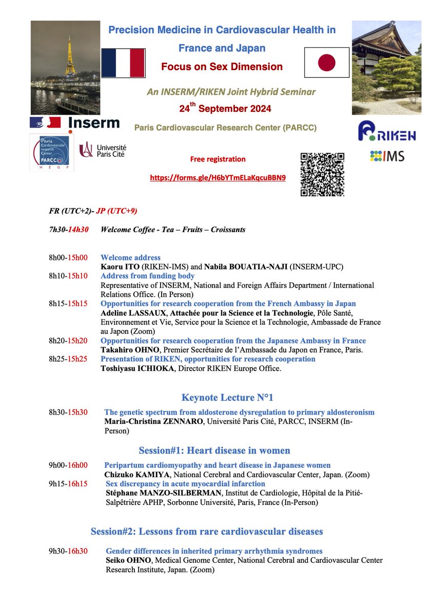 n_bouatianaji's tweet photo. Our French Japanese Seminar on "Precision Medicine in Cardiovascular Health: Focus on Sex Dimension" is around the corner. Check the final program and register to join in person (@parcc_inserm limited seats available) or virtually. Co-organized with @RIKEN_IMS https://t.co/bITByuFWFI