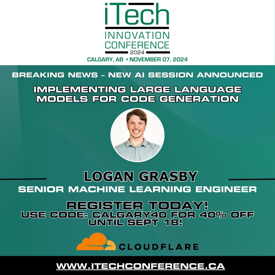 New AI Session  - Implementing Large Language Models for Code Generation

 Book your Ticket Now!
Use code CALGARY40 for $105 tickets (40% off) before September 18!

🌐Calgary, AB - November 7, 2024
👆 ow.ly/Btei50Tmqin
 #iTECH#iTECH2024 #Tech#Conference#Event