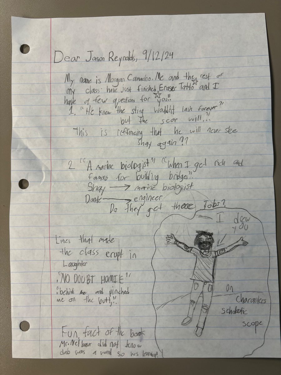 MrNeibauer's tweet image. After reading Eraser Tattoo by Jason Reynolds (@JasonReynolds83), my students are desperate to find out what happens to Shay &amp;amp; Dante. Do they do the long distance relationship? Based on our #annotations, we don’t think so, but had to ask. Ss wrote to share love &amp;amp; get answers!