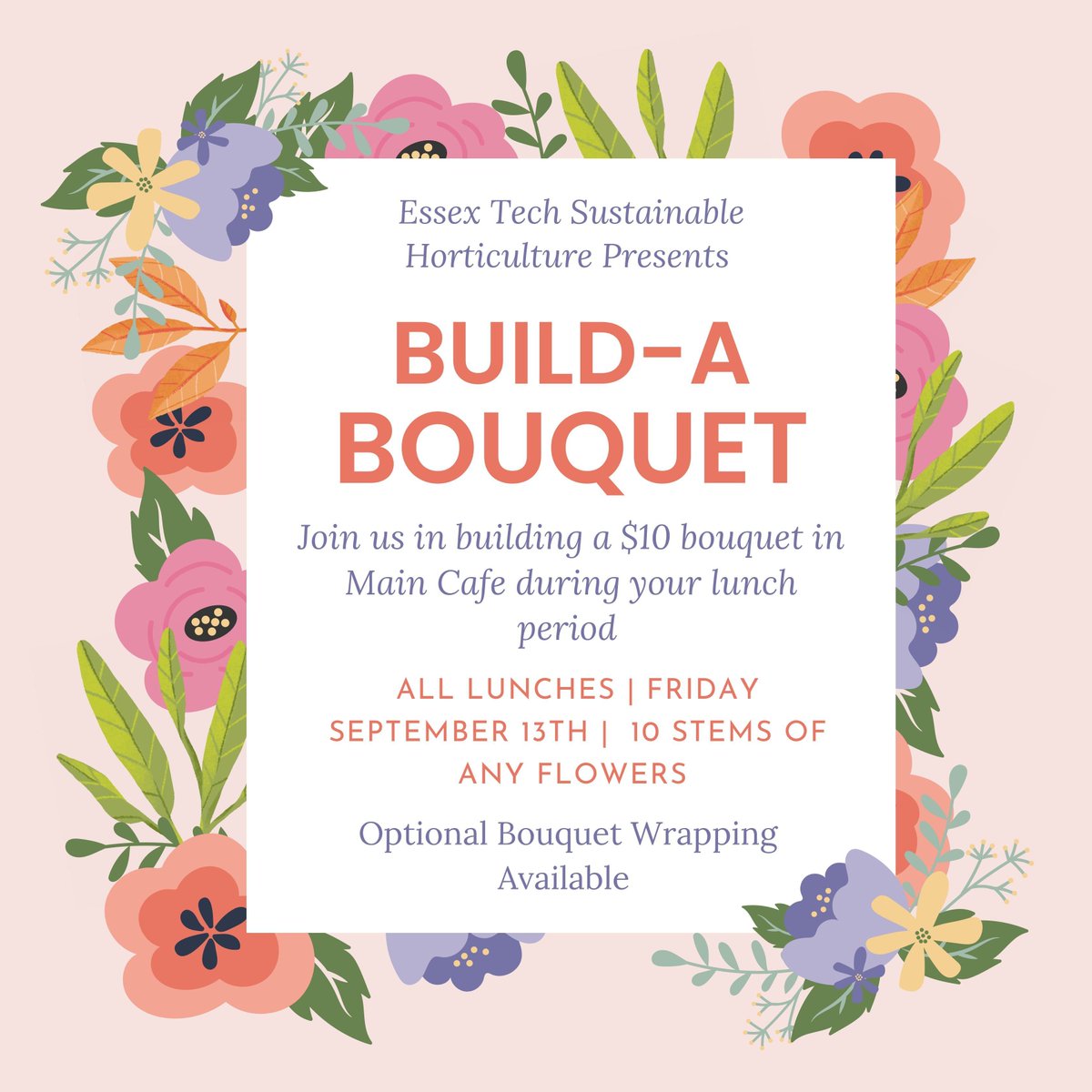 EssexNorthShore's tweet photo. Join Sustainable Horticulture and build your own bouquet in the Main Cafeteria during all lunches, tomorrow, September 13th!

#EssexTechHorticulture #CTAE #TechnicalSchool #TechnicalEducation #AgEdu #CoopEd #WorkforceDevelopment #HawkTalk #CreateEncouragePromoteDevelop #ENSATS https://t.co/mmVEDDH21q