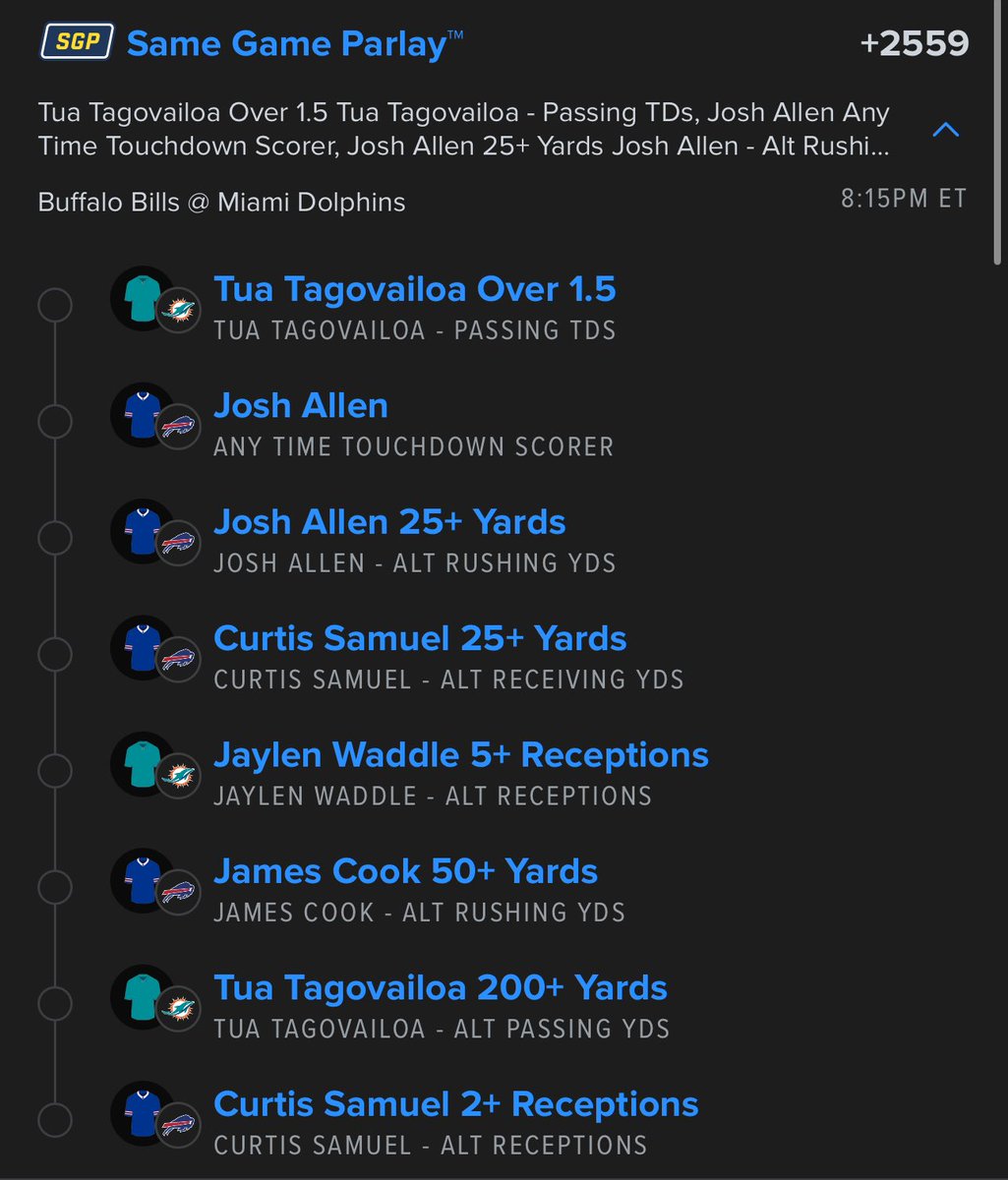 GreenBeamBets's tweet photo. NFL Bills/Dolphins SGP 🏈

(+2559)

Good Luck if you’re tailing 

#GamblingX https://t.co/iAyCRHJ4Hx