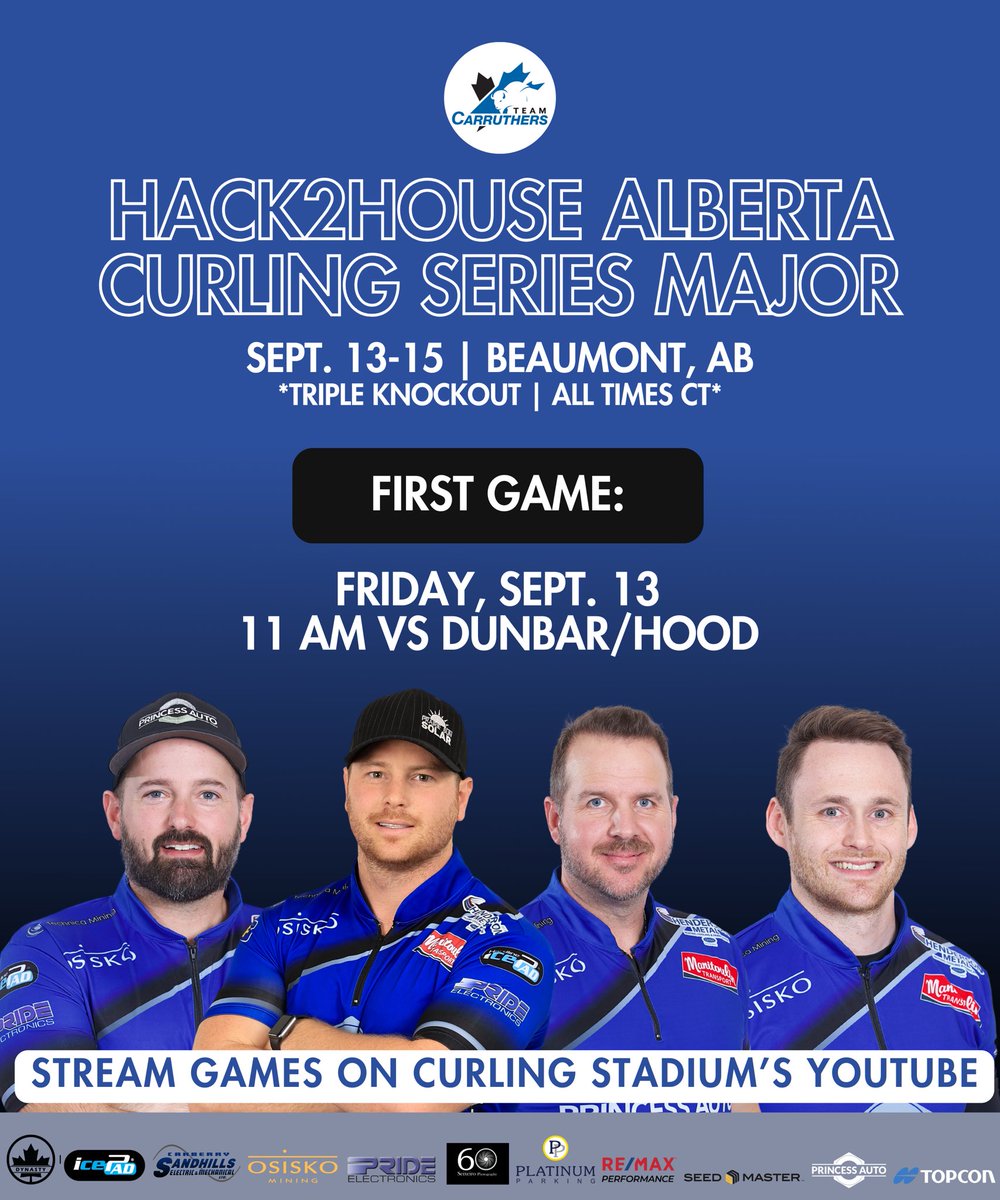 HACK2HOUSE ALBERTA CURLING SERIES MAJOR 💪🏼 

Back at it again, but this time in Beaumont!

Our first game is 11 am CT on Friday the 13th (😱) against the winner of Dunbar/Hood. Stream live games on Curling Stadium's YouTube channel! 📺

#TeamCarruthers