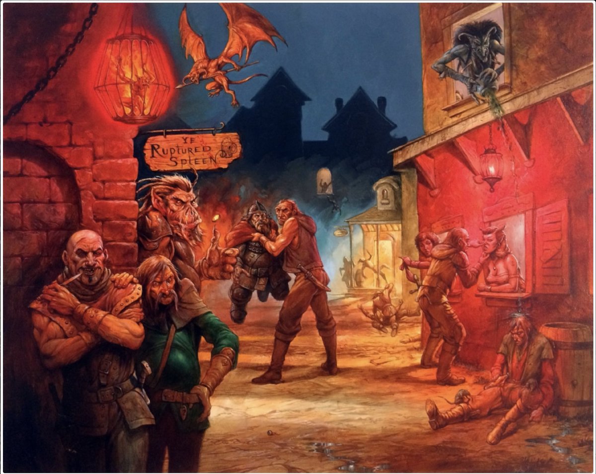 Ever heard of the #DnD City That Never Was?

Wanna see it?

In 2002 Jeff Easley was commissioned for a D&amp;D 3.5E campaign setting that was to tie in with the Book of Vile Darkness, but was never published. 

It’s name?

“City Of Sin”

I love the tavern, ‘Ye Ruptured Spleen’.
