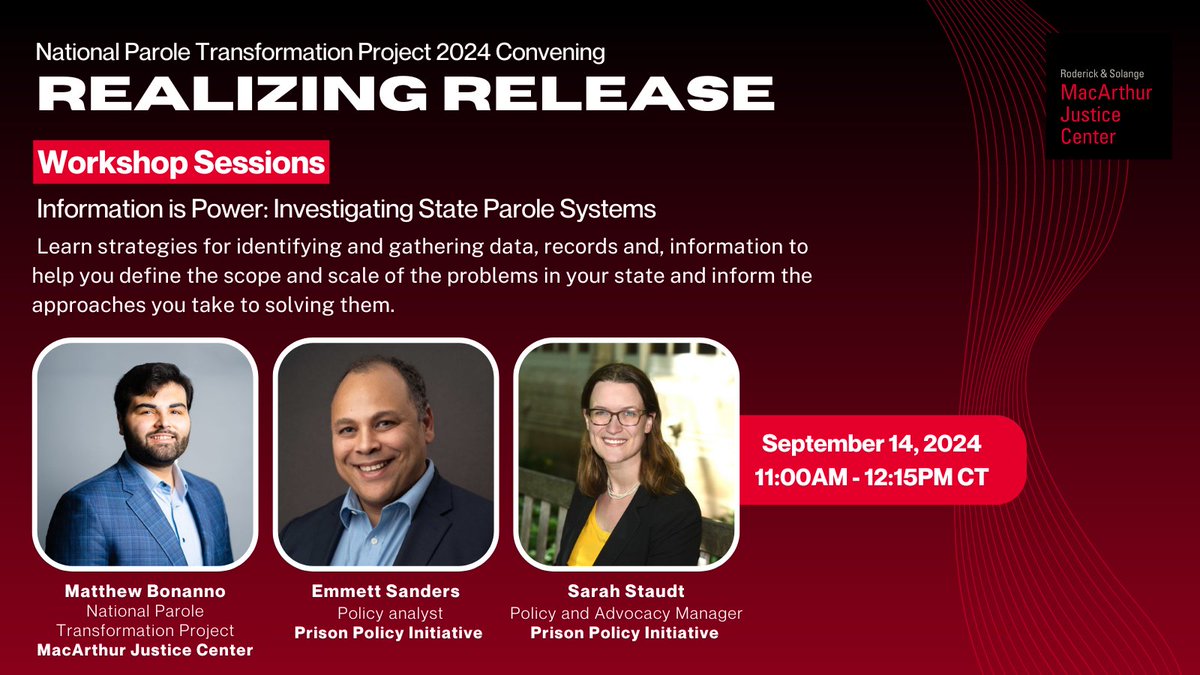 PrisonPolicy's tweet photo. 📣Tomorrow! The National Parole Transformation Project's workshop addresses the problems of state parole systems and how to find solutions to them.
Sign up now 👉https://t.co/c0oxzkwPCF
#RealizingRelease https://t.co/7qhuYaV3pl