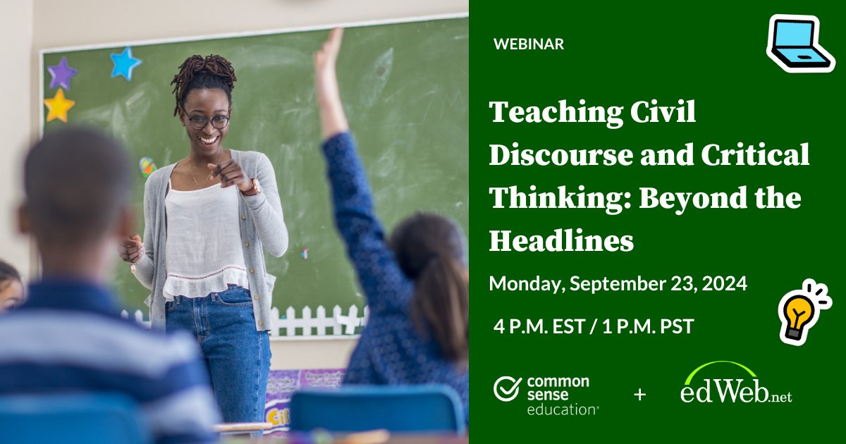 CommonSenseEd's tweet image. Don&apos;t miss our upcoming webinar where we&apos;ll explore effective ways to foster civil discourse in your classroom! We&apos;ll cover engaging lessons &amp;amp; quick activities designed to develop key media literacy skills. Save your spot today: home.edweb.net/webinar/common… #edweb #medialiteracy