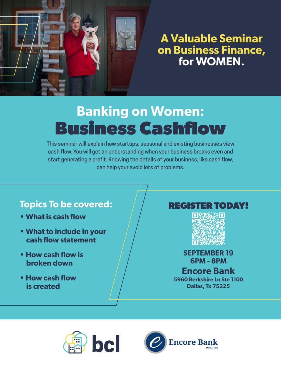 On September 19th from 6-9 PM, BCL will be hosting a FREE seminar at <a href="/EncoreBank/">Encore Bank</a>  in Dallas, TX. Take advantage of this opportunity to join like-minded women to help grow your business! Register TODAY:  tinyurl.com/56m22bhe  

#financialworkshop #businessfunding