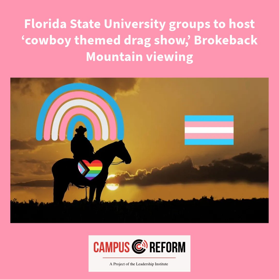 campusreform's tweet image. Florida State University groups to host ‘cowboy themed drag show,’ Brokeback Mountain viewing

Link in bio or read the story at hubs.ly/Q02PKrr00

#brokeback #fsu #floridastateuniversity #drag #lgbtq #dragshow #cowboy #cowboys #floridastate #florida