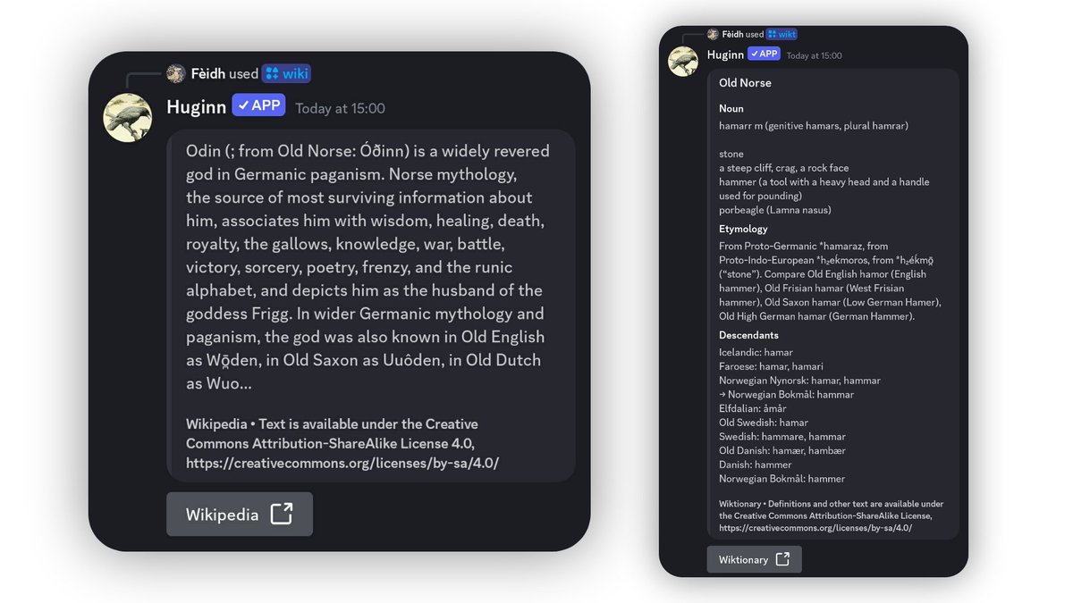 ValhallaPlus's tweet image. Introducing Huginn, a new Discord bot to help server owners with moderation, bring a fun new RPG system, level leaderboards with customizable rank cards, integrated Wikipedia and Wiktionary commands, translate text to runes, and more.
Invite (it's free): discord.com/application-di…