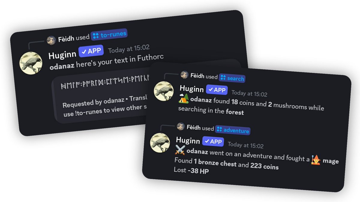 ValhallaPlus's tweet image. Introducing Huginn, a new Discord bot to help server owners with moderation, bring a fun new RPG system, level leaderboards with customizable rank cards, integrated Wikipedia and Wiktionary commands, translate text to runes, and more.
Invite (it's free): discord.com/application-di…