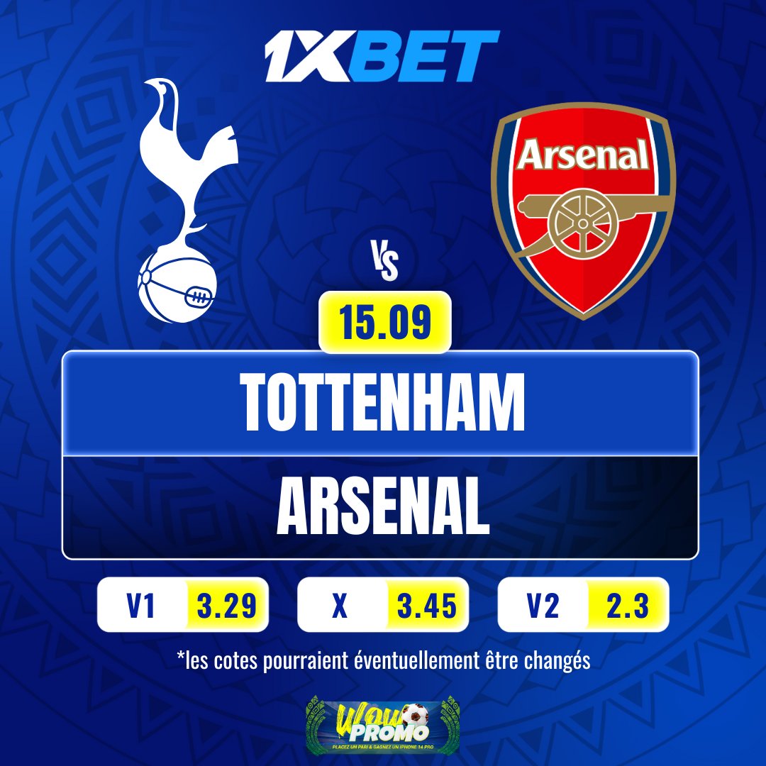 1xbet_gn's tweet photo. 🔥Le derby du nord de Londres est arrivé ! #TottenhamVsArsenal dans l'un des matchs les plus attendus de la saison de Premier League.

Les Spurs pourront-ils défendre leur terrain, ou les Gunners poursuivront-ils leur impressionnante série ?

#1xBetFootball #EPL #NorthLondonDerby https://t.co/UhJZ2vBCvC