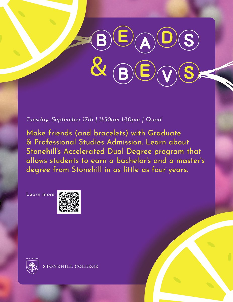 GPS_Stonehill's tweet image. Join @GPS_Stonehill on Tuesday, September 17th from 11:30am-1:30pm in the Quad for Beads & Bevs. 🍋😀#StonehillCollege #GPSStonehill #Lemonade #friendships