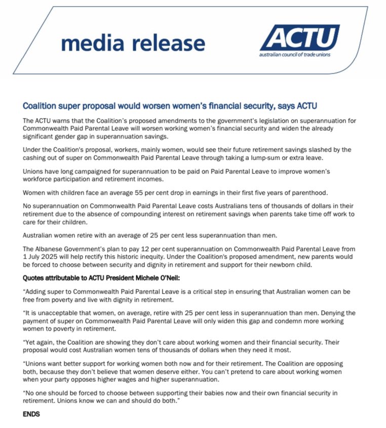 Media release: Coalition super proposal would worsen women’s financial security, says ACTU
