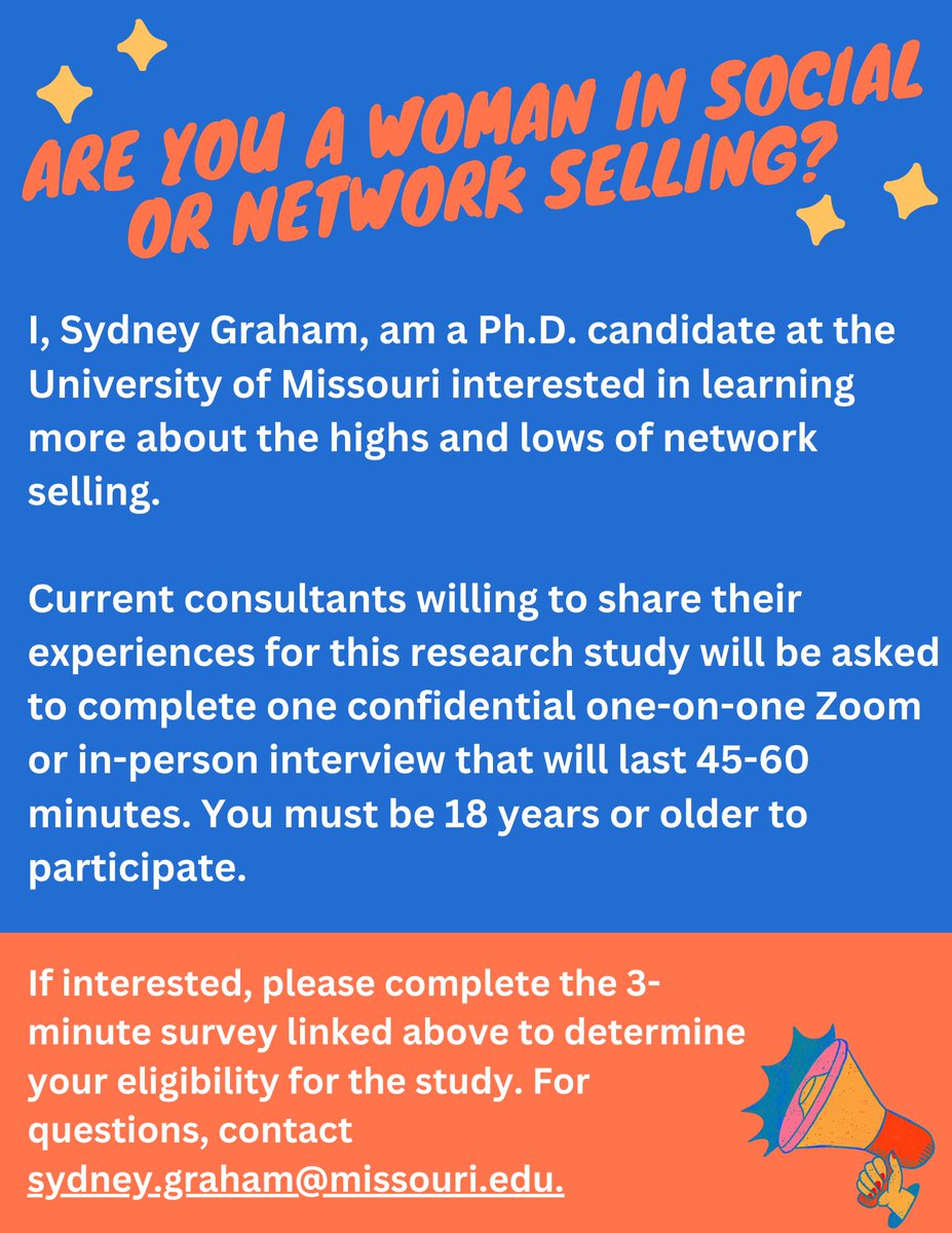 My good friend <a href="/sydrgraham/">Sydney Graham</a> is recruiting participants for her dissertation! Please share with your networks and use this link for more information: missouri.qualtrics.com/jfe/form/SV_5i… #MLM #MultilevelMarketing #NetworkSelling #SocialSelling
