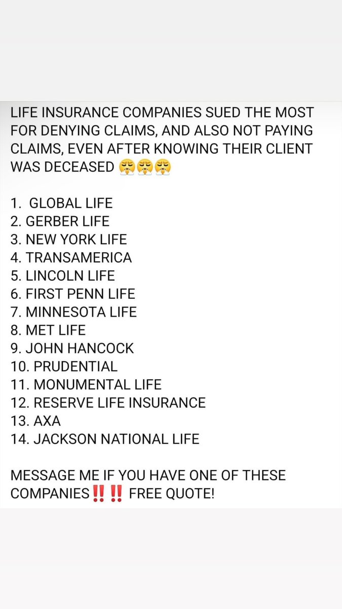 RobertJean87's tweet photo. If you have a life insurance policy with any of these companies, reach out to me for more information. These companies have a history of being sued for denying or delaying claims, even after a policyholder has passed away.

#fyp #fy #fypシ゚viral #foryou #foryoupage #fypage https://t.co/5YpAy9JOLz