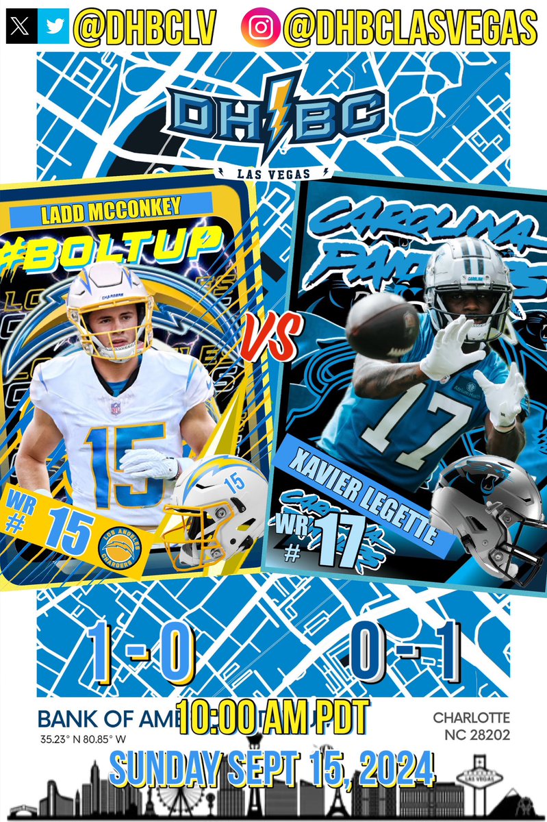 If you’re not gonna be in Carolina, then enjoy watching Game 2 of our 1-0 Chargers vs the 0-1 Panthers this Sun Sept 15, 2024 @ 10:00 am PDT. <a href="/diehardboltclub/">#DHBC</a> 
#BoltUp #DieHardBoltClub🩵