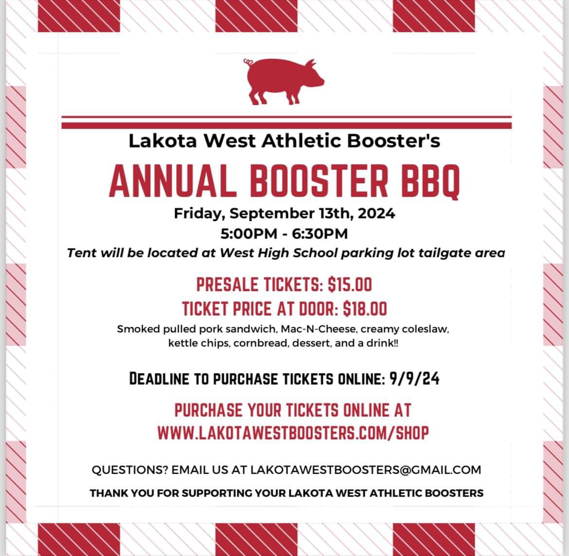 LW_Boosters's tweet photo. Friday IS ….

Lakota West Athletic Boosters Annual Boosters BBQ @ Lakota West school parking lot - tailgate area.  

If you didn’t purchase presale tickets, stop by the booth and purchase a meal for $18 each.

@westfirebirds @FirebirdTweets @LakotaWestAD @lukecornele https://t.co/CxsCzzRfk2