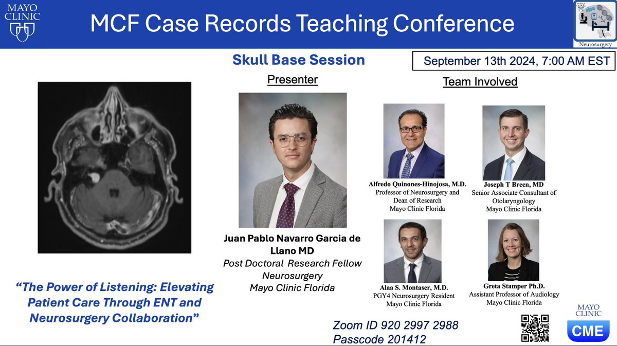 Juan P. Navarro-Garcia de Llano (@jpnavarro_md) on Twitter photo Excited to present a fascinating and unique skull base case tomorrow at 7 AM EST, featuring the work of <a href="/DoctorQMd/">Dr. Alfredo QuiƱones-Hinojosa</a> and Dr. Joseph Breen! Donāt miss this session during our MCF Case Records. See you there!
<a href="/MayoClinicNeuro/">Mayo Clinic Neuro</a> <a href="/mayoflnsgyres/">Mayo Clinic Florida Neurosurgery Residency</a> <a href="/adrian_safa/">Adrian Safa M.D.</a> <a href="/ManuelaAB99/">Manuela Aramburu Berckemeyer, MD</a> Excited to present a fascinating and unique skull base case tomorrow at 7 AM EST, featuring the work of <a href="/DoctorQMd/">Dr. Alfredo QuiƱones-Hinojosa</a> and Dr. Joseph Breen! Donāt miss this session during our MCF Case Records. See you there!
<a href="/MayoClinicNeuro/">Mayo Clinic Neuro</a> <a href="/mayoflnsgyres/">Mayo Clinic Florida Neurosurgery Residency</a> <a href="/adrian_safa/">Adrian Safa M.D.</a> <a href="/ManuelaAB99/">Manuela Aramburu Berckemeyer, MD</a>