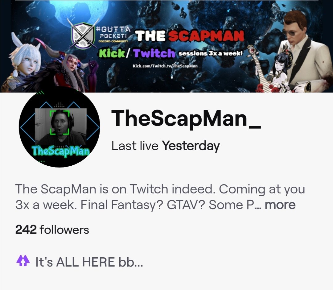TheScapMan's tweet photo. @DemmyNars #Kick first. #Twitch second. Those are the rules. Need links bro? I gotchu!
We RIP IT! 3x a week doing the #FinalFantasy #GTAV and #PHANTOMBLADEEX thing! Can you handle all the links and shameless #selfpromotion bro?
https://t.co/RSjyH7G5wx
https://t.co/TItoQDkJd2 https://t.co/Evlk3MNLyC