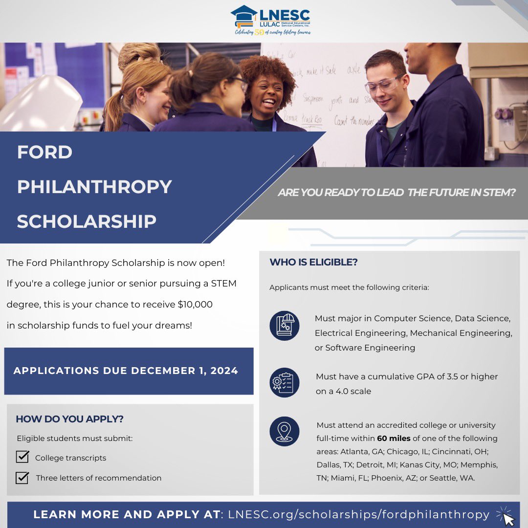 ⭐️ The Ford Philanthropy Scholarship Program is now open! 

The fund offers $10,000 to college juniors and seniors pursuing STEM degrees in selected regions.

Do you want to learn more? 

🔗 Read more on eligibility and apply here: lnesc.org/scholarships/f…