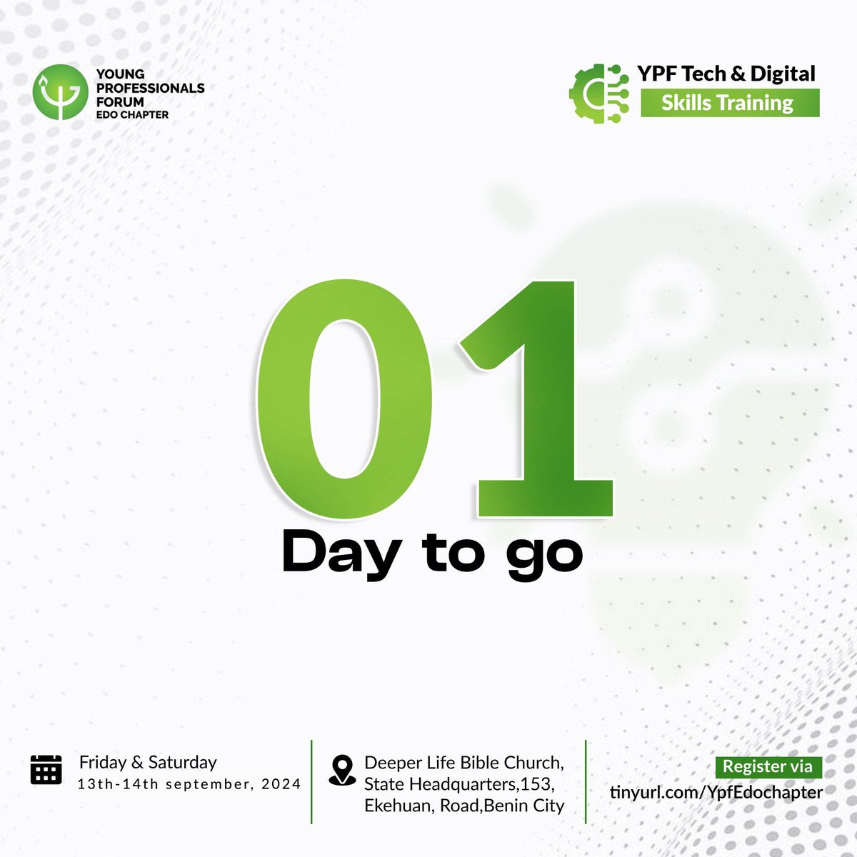 Tomorrow is the D-day and we are set for our first TECH and DIGITAL SKILLS Training.

Registration link closes by 8:30am tomorrow 13th of September, 2024.

#YPFEdostatetechconference
#YPFEdochapter