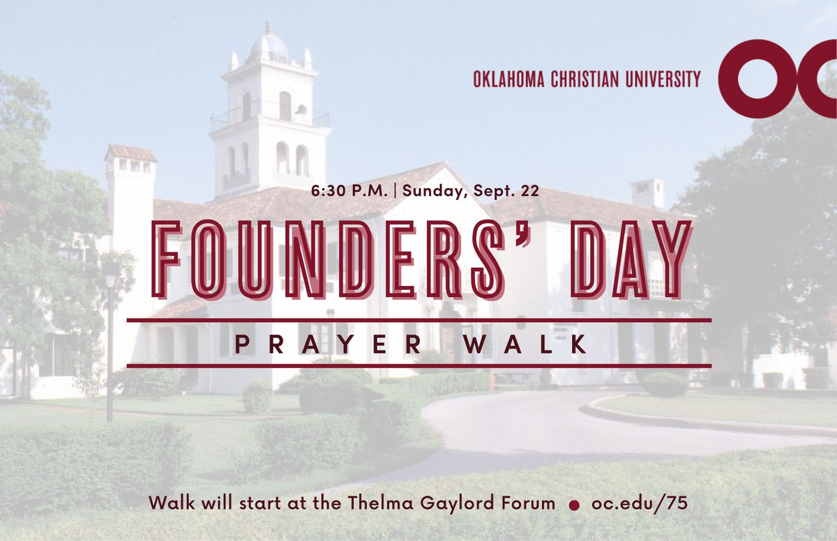 okchristian's tweet photo. Join us for Founders' Day!🦅
On Sunday, Sept. 22, at 6:30 p.m., gather with us for a meaningful walk around campus to pray for our community. We’ll start at the Thelma Gaylord Forum. We’d love to see you! Visit https://t.co/Zvu9syjXBF
#OC #FoundersDay #CampusWalk #CommunityPrayer https://t.co/3OjGQb1UOy