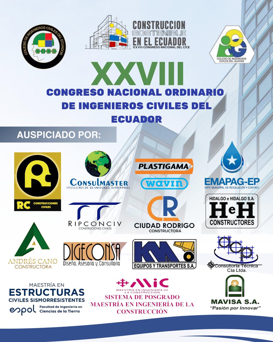 ¡Únete! al “XXVIII Congreso Nacional Ordinario de Ingenieros Civiles del Ecuador” 
"Construcción Sostenible en el Ecuador, una mirada a los modelos Disruptivos"
📍Hotel Tryp by Wyndham, Guayaquil  
🗓️4 y 5 de octubre de 2024  
Fecha máxima de inscripción: 22 de septiembre de 2024