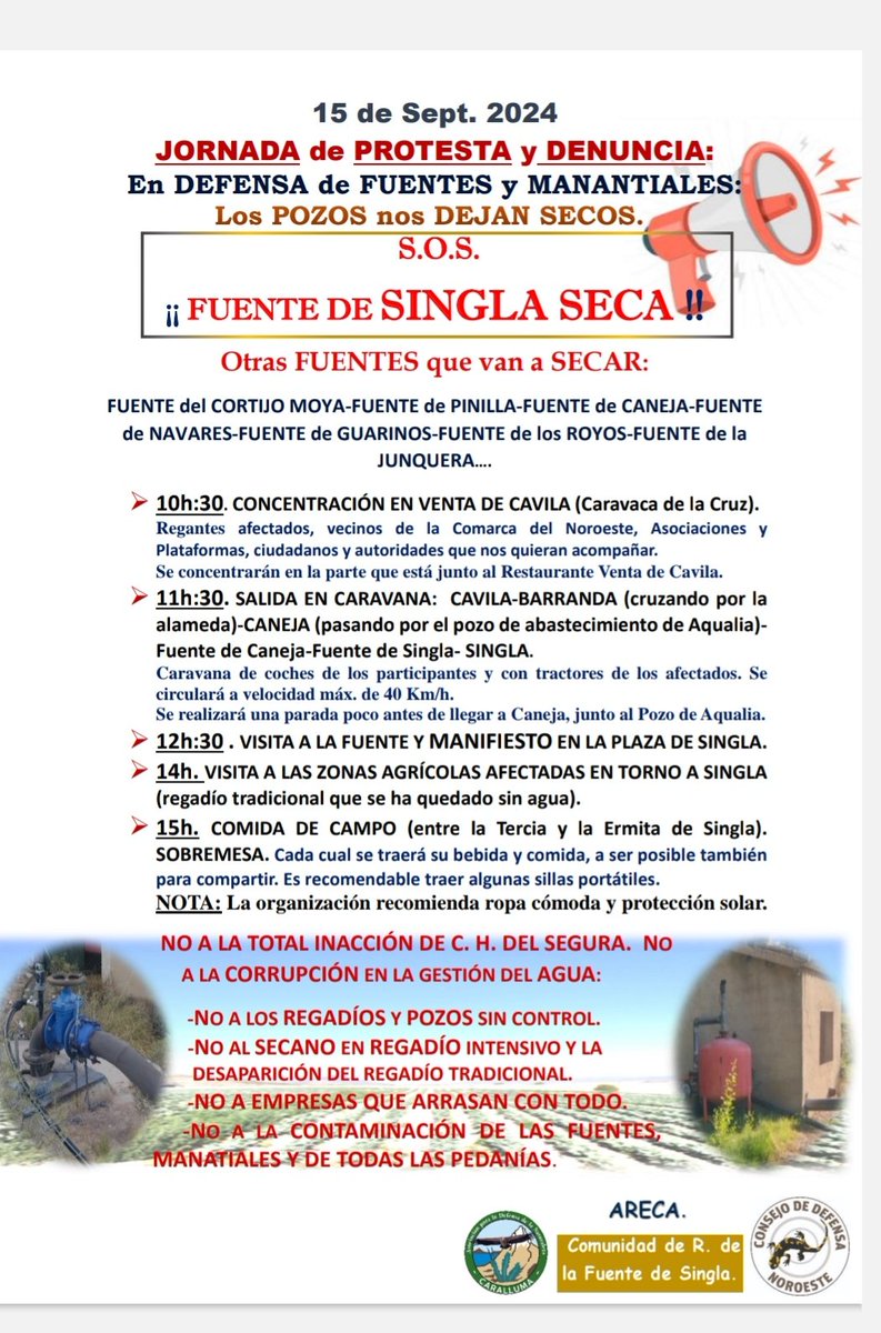 defensanoroeste's tweet photo. El proximo domingo dia 15 de sept. a las 10:30 en Cavila. Jornada de Protesta y Denuncia por nuestras Fuentes y Manantiales. 
 !!!LOS POZOS NOS SECAN LAS FUENTES!!!
#Sostenibilidad 
#SOSRioQuipar
#SOSFuentes https://t.co/OY7F4IWEhO